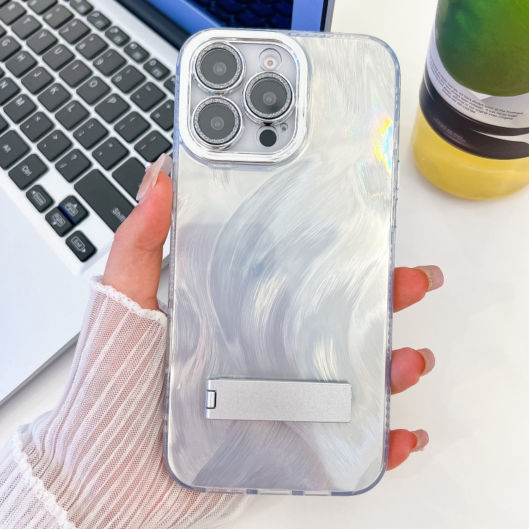 

For iPhone 13 Pro Max Plating Glitter Texture Fold Holder TPU Phone Case with Lens Film(White Feather Yarn)