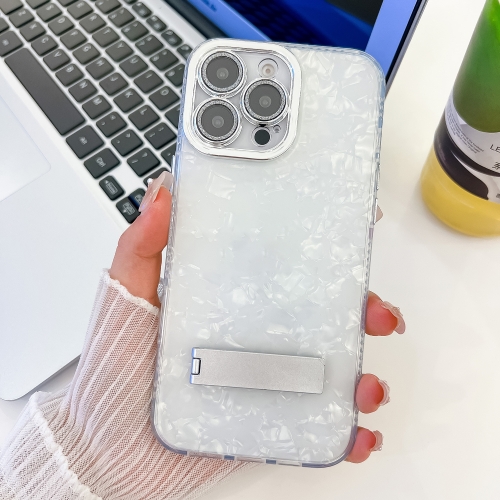 

For iPhone 13 Pro Plating Glitter Texture Fold Holder TPU Phone Case with Lens Film(White Shell Pattern)