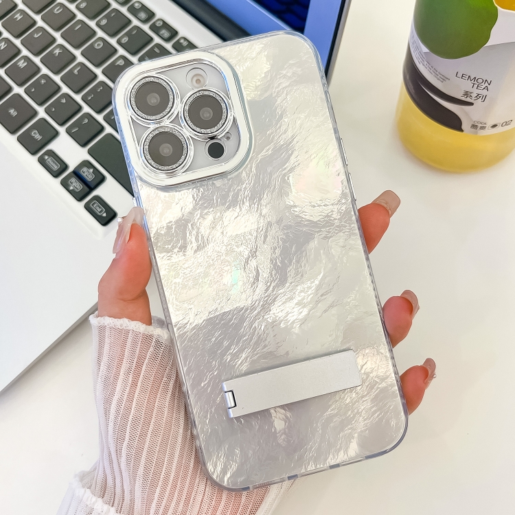 

For iPhone 13 Pro Plating Glitter Texture Fold Holder TPU Phone Case with Lens Film(White Tinfoil Texture)