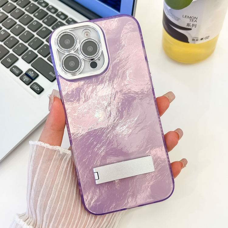 

For iPhone 13 Pro Plating Glitter Texture Fold Holder TPU Phone Case with Lens Film(Purple Tinfoil Texture)