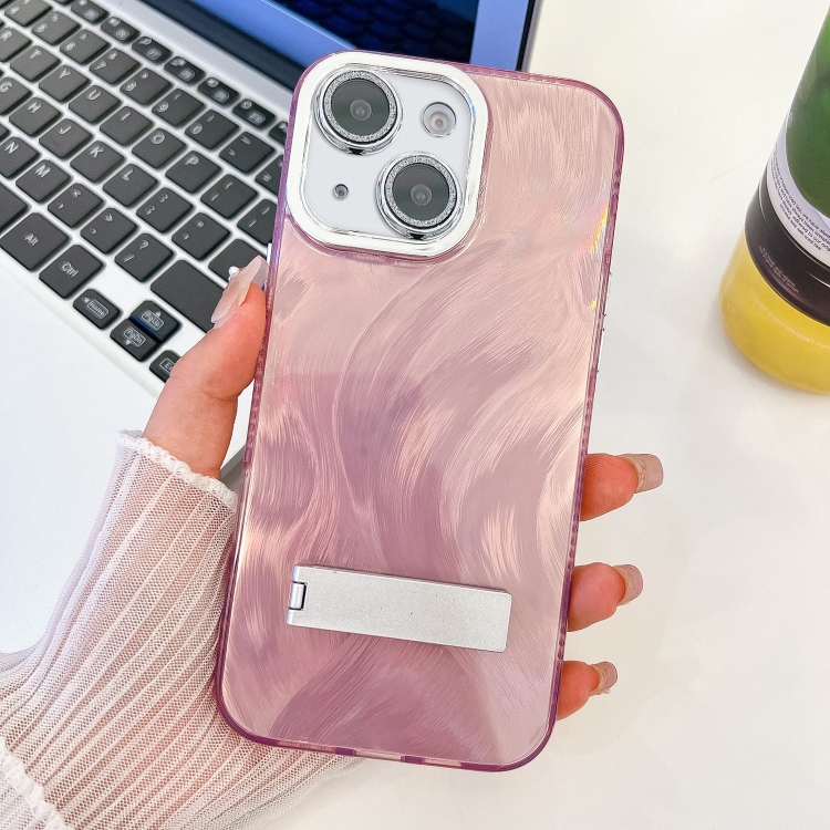 

For iPhone 13 Plating Glitter Texture Fold Holder TPU Phone Case with Lens Film(Pink Feather Yarn)