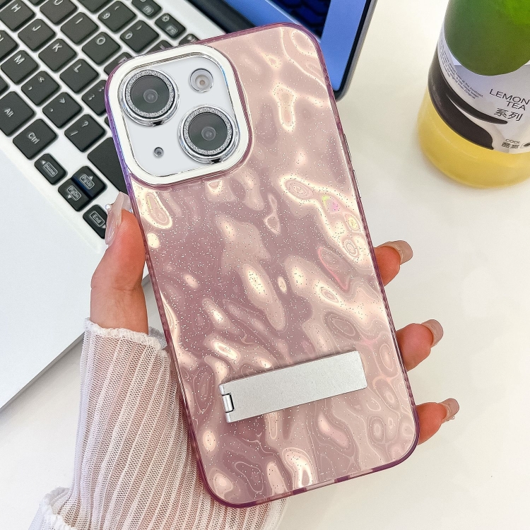 

For iPhone 13 Plating Glitter Texture Fold Holder TPU Phone Case with Lens Film(Pink Wrinkles)
