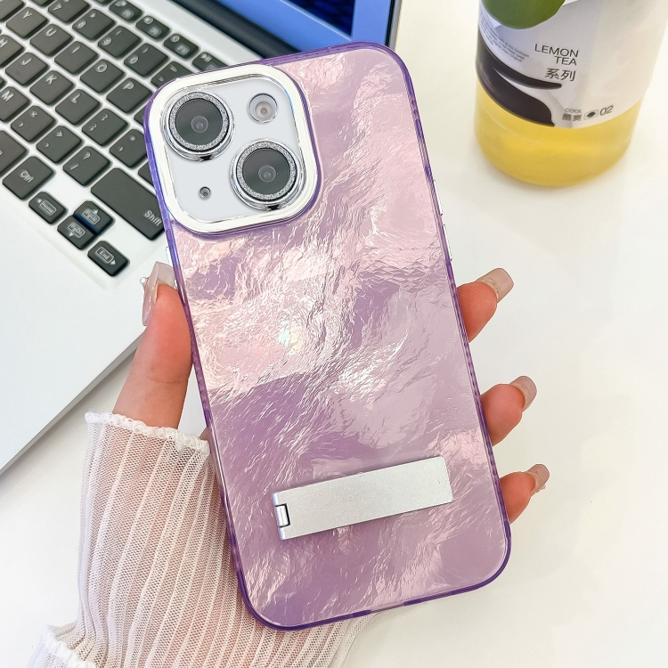 

For iPhone 13 Plating Glitter Texture Fold Holder TPU Phone Case with Lens Film(Purple Tinfoil Texture)