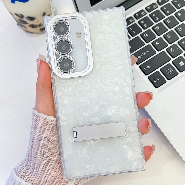 

For Samsung Galaxy S24 FE 5G Plating Glitter Texture Fold Holder TPU Phone Case with Lens Film(White Shell Pattern)