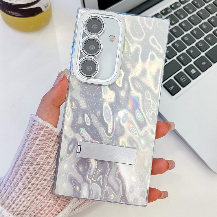 

For Samsung Galaxy S24 FE 5G Plating Glitter Texture Fold Holder TPU Phone Case with Lens Film(White Wrinkles)