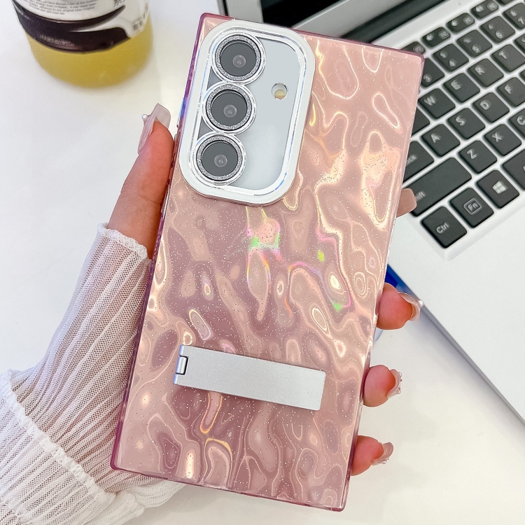 

For Samsung Galaxy S24 FE 5G Plating Glitter Texture Fold Holder TPU Phone Case with Lens Film(Pink Wrinkles)