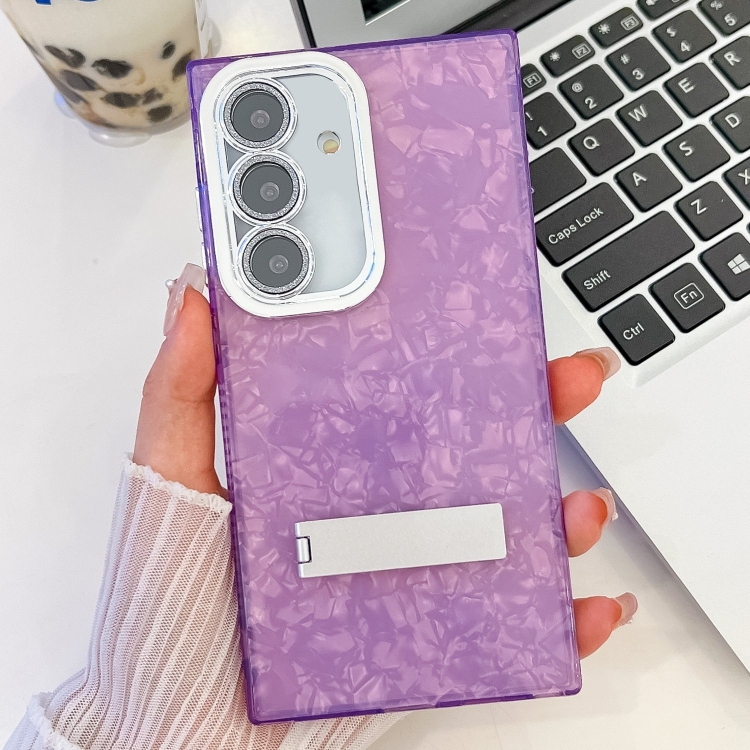 

For Samsung Galaxy S24+ 5G Plating Glitter Texture Fold Holder TPU Phone Case with Lens Film(Purple Shell Pattern)