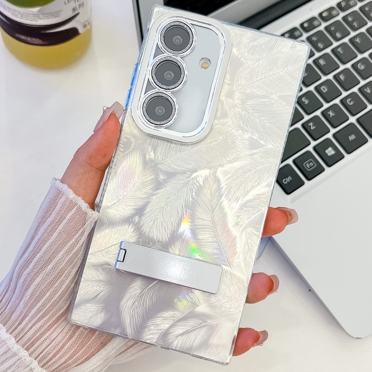 

For Samsung Galaxy S24+ 5G Plating Glitter Texture Fold Holder TPU Phone Case with Lens Film(White Feathers)
