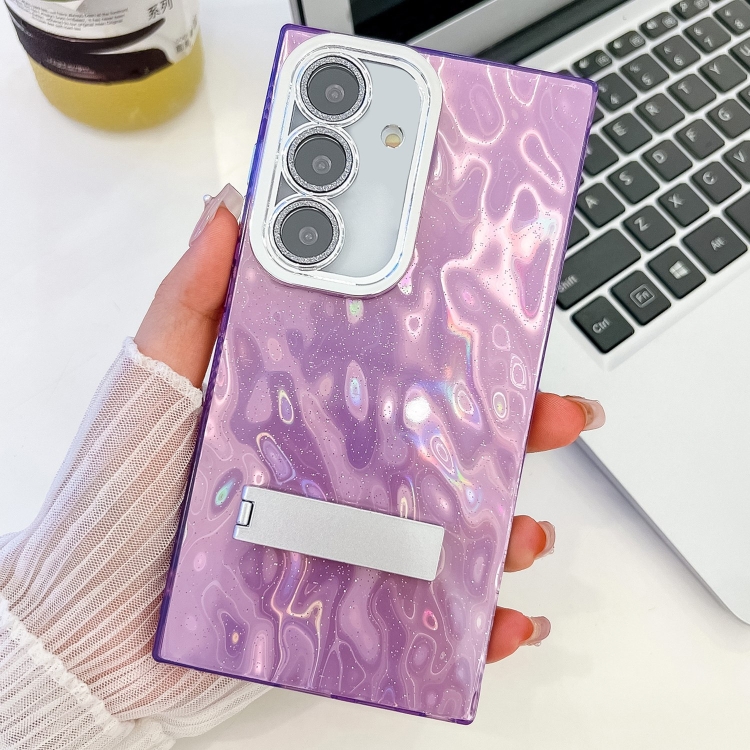 

For Samsung Galaxy S24+ 5G Plating Glitter Texture Fold Holder TPU Phone Case with Lens Film(Purple Wrinkles)