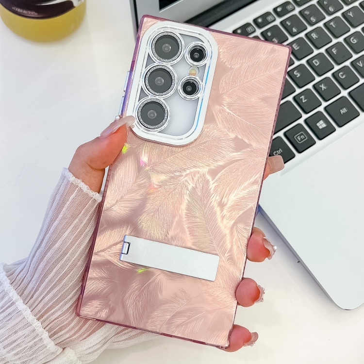 

For Samsung Galaxy S23 Ultra 5G Plating Glitter Texture Fold Holder TPU Phone Case with Lens Film(Pink Feathers)