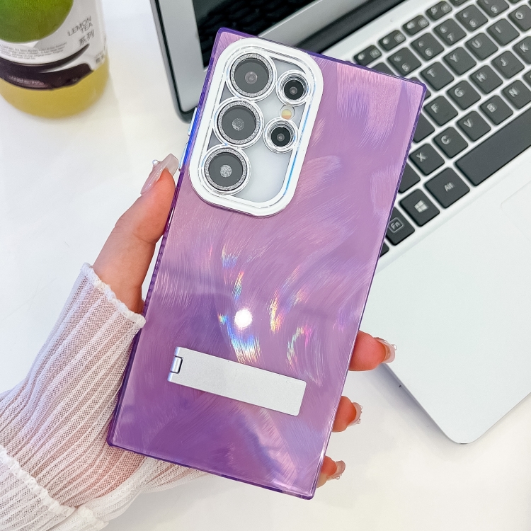 

For Samsung Galaxy S23 Ultra 5G Plating Glitter Texture Fold Holder TPU Phone Case with Lens Film(Purple Feather Yarn)