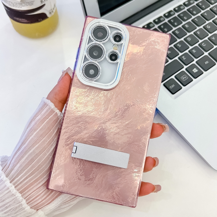 

For Samsung Galaxy S23 Ultra 5G Plating Glitter Texture Fold Holder TPU Phone Case with Lens Film(Pink Tinfoil Texture)