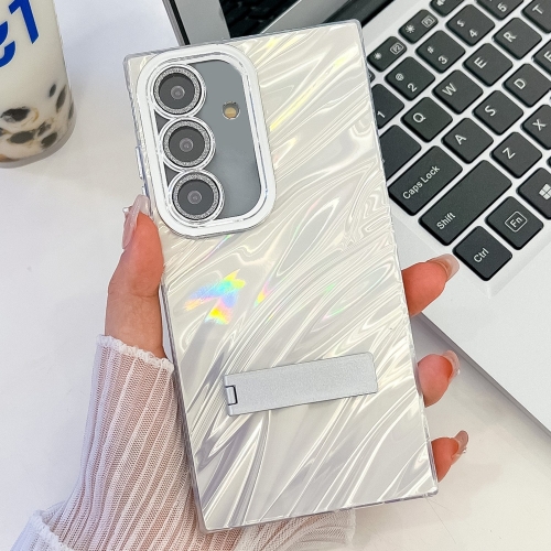 

For Samsung Galaxy A36 5G Plating Glitter Texture Fold Holder TPU Phone Case with Lens Film(White Water Ripples)