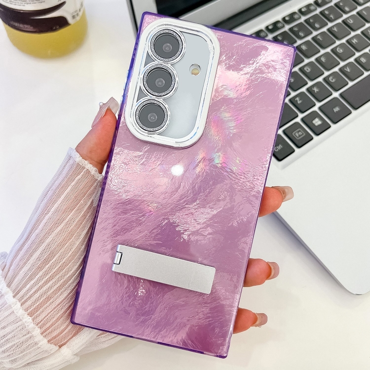 

For Samsung Galaxy S25 5G Plating Glitter Texture Fold Holder TPU Phone Case with Lens Film(Purple Tinfoil Texture)