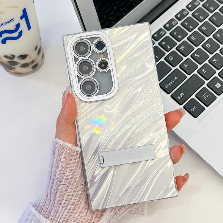 

For Samsung Galaxy S25 Ultra 5G Plating Glitter Texture Fold Holder TPU Phone Case with Lens Film(White Water Ripples)