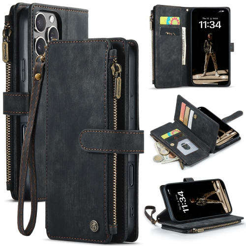 

For iPhone 16 Pro CaseMe C30 Card Slots Zipper Wallet Leather Phone Case(Black)