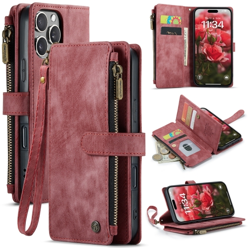 

For iPhone 16 Pro CaseMe C30 Card Slots Zipper Wallet Leather Phone Case(Red)