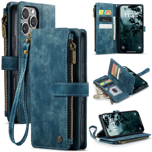 

For iPhone 16 Pro Max CaseMe C30 Card Slots Zipper Wallet Leather Phone Case(Blue)