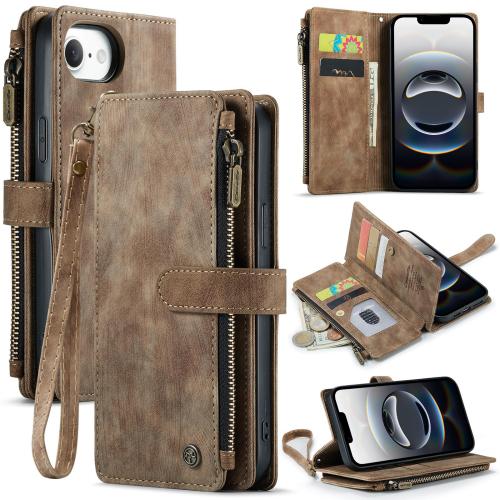 

For iPhone 16e CaseMe C30 Card Slots Zipper Wallet Leather Phone Case(Brown)