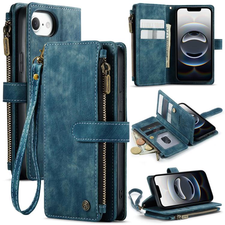 

For iPhone 16e CaseMe C30 Card Slots Zipper Wallet Leather Phone Case(Blue)