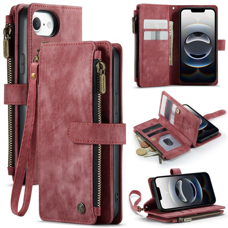 

For iPhone 16e CaseMe C30 Card Slots Zipper Wallet Leather Phone Case(Red)