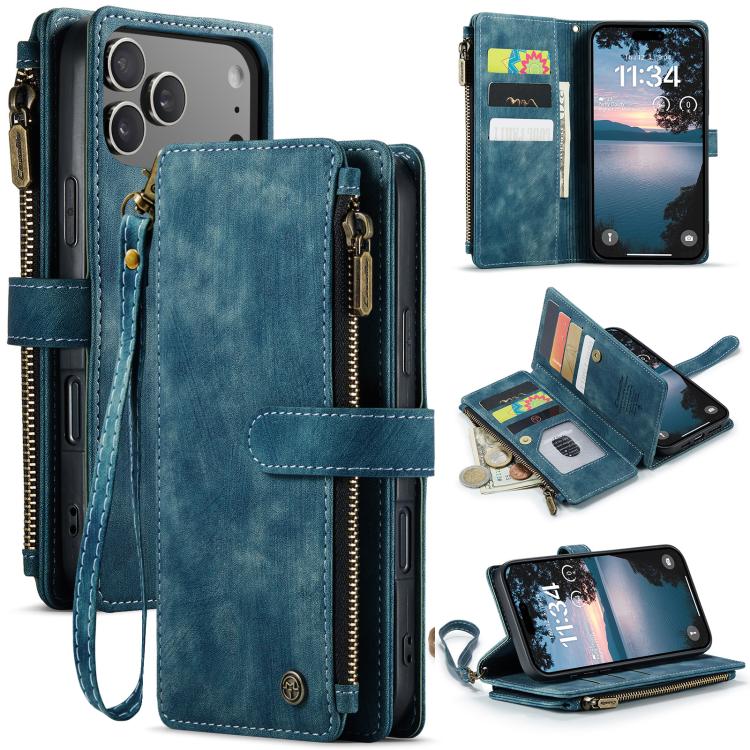 For iPhone 17 Pro Max CaseMe C30 Card Slots Zipper Wallet Leather Phone Case(Blue)