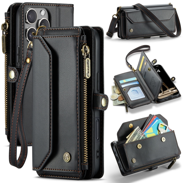 

For iPhone 16 Pro CaseMe C36 Card Slots Zipper Wallet RFID Anti-theft Leather Phone Case(Black)