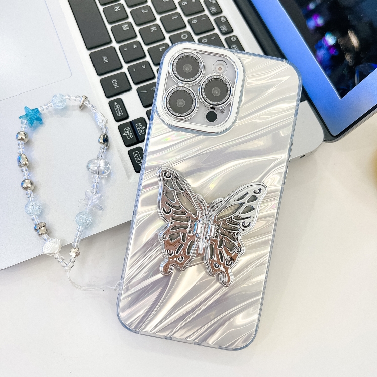 

For iPhone 16 Pro Plating Glitter Lens Film Texture Butterfly Holder Wristband Phone Case(White Water Ripples)