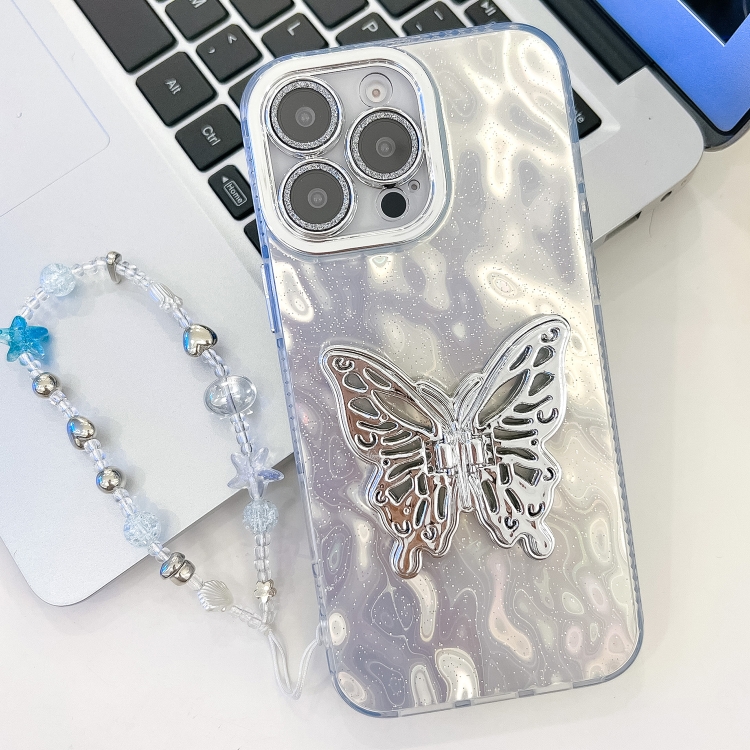 

For iPhone 16 Pro Plating Glitter Lens Film Texture Butterfly Holder Wristband Phone Case(White Wrinkles)