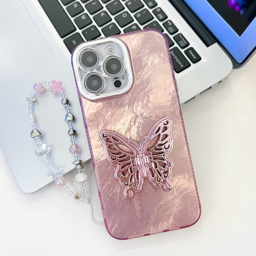 

For iPhone 16 Pro Plating Glitter Lens Film Texture Butterfly Holder Wristband Phone Case(Pink Tinfoil Texture)