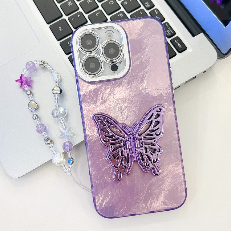 

For iPhone 16 Pro Plating Glitter Lens Film Texture Butterfly Holder Wristband Phone Case(Purple Tinfoil Texture)