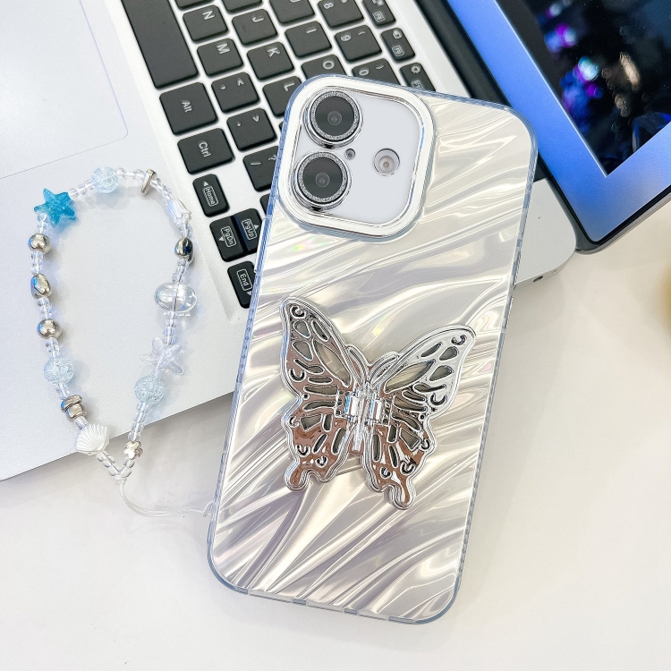 

For iPhone 16 Plus Plating Glitter Lens Film Texture Butterfly Holder Wristband Phone Case(White Water Ripples)