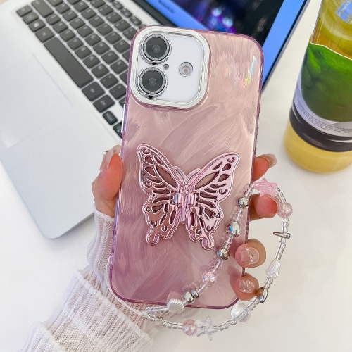 

For iPhone 16 Plus Plating Glitter Lens Film Texture Butterfly Holder Wristband Phone Case(Pink Feather Yarn)