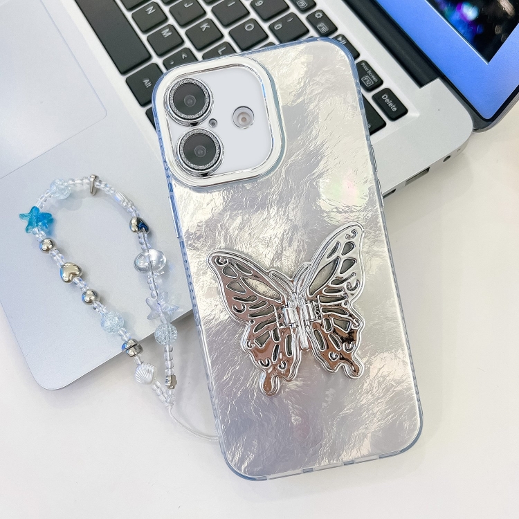 

For iPhone 16 Plus Plating Glitter Lens Film Texture Butterfly Holder Wristband Phone Case(White Tinfoil Texture)