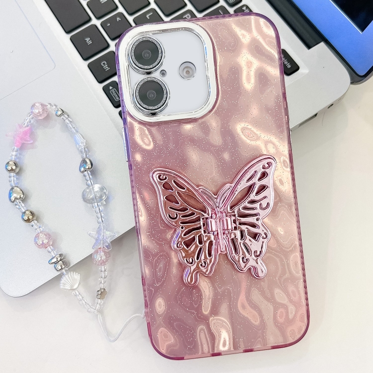 

For iPhone 16 Plating Glitter Lens Film Texture Butterfly Holder Wristband Phone Case(Pink Wrinkles)