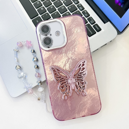 

For iPhone 16 Plating Glitter Lens Film Texture Butterfly Holder Wristband Phone Case(Pink Tinfoil Texture)