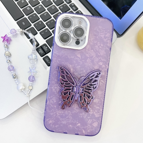 

For iPhone 15 Pro Max Plating Glitter Lens Film Texture Butterfly Holder Wristband Phone Case(Purple Shell Pattern)