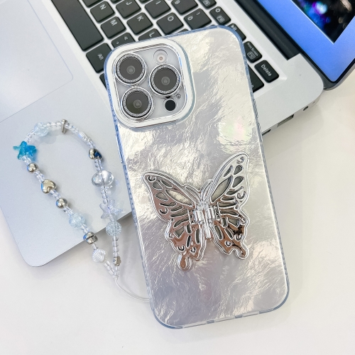 

For iPhone 15 Pro Max Plating Glitter Lens Film Texture Butterfly Holder Wristband Phone Case(White Tinfoil Texture)