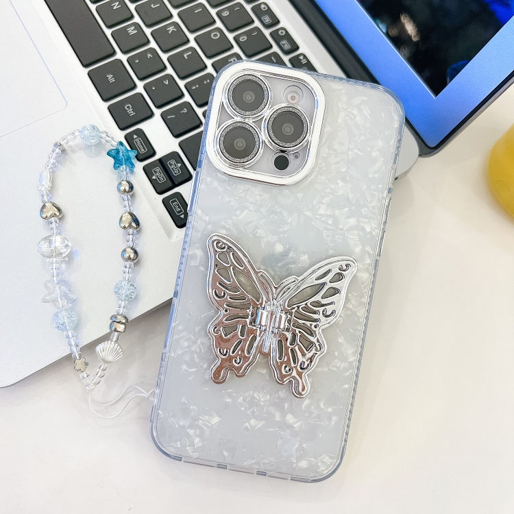 

For iPhone 15 Pro Plating Glitter Lens Film Texture Butterfly Holder Wristband Phone Case(White Shell Pattern)