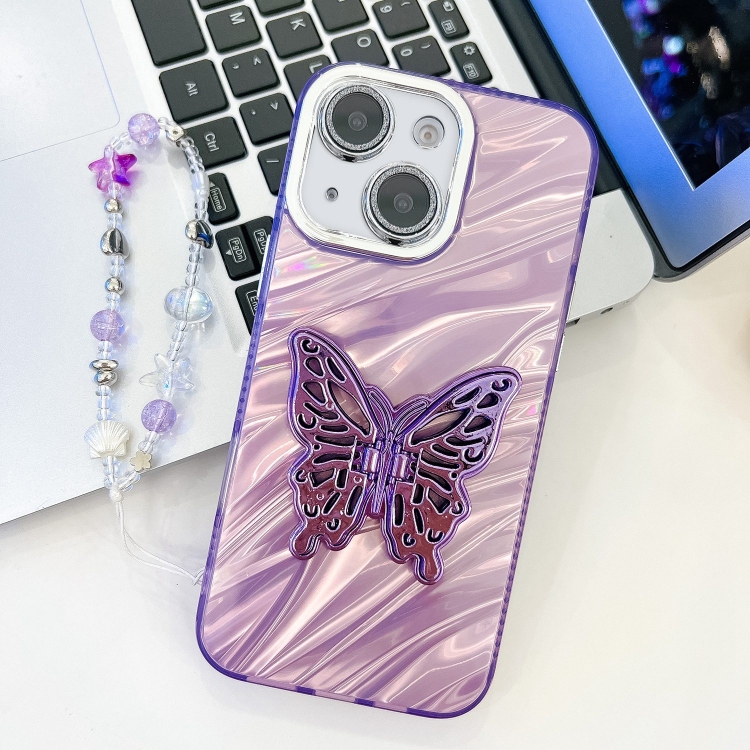 

For iPhone 15 Plating Glitter Lens Film Texture Butterfly Holder Wristband Phone Case(Purple Water Ripples)