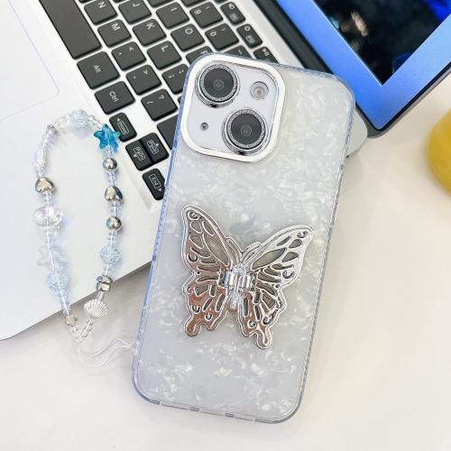 

For iPhone 15 Plating Glitter Lens Film Texture Butterfly Holder Wristband Phone Case(White Shell Pattern)