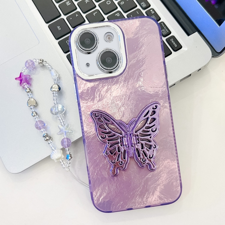 

For iPhone 15 Plating Glitter Lens Film Texture Butterfly Holder Wristband Phone Case(Purple Tinfoil Texture)