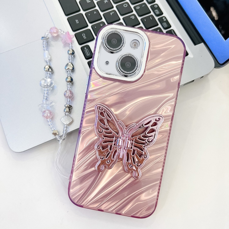 

For iPhone 14 Plating Glitter Lens Film Texture Butterfly Holder Wristband Phone Case(Pink Water Ripples)