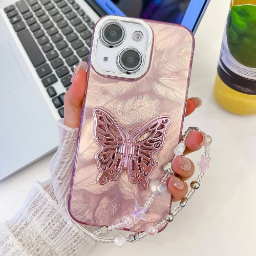 

For iPhone 14 Plating Glitter Lens Film Texture Butterfly Holder Wristband Phone Case(Pink Feathers)