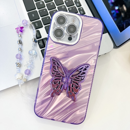 

For iPhone 14 Pro Plating Glitter Lens Film Texture Butterfly Holder Wristband Phone Case(Purple Water Ripples)