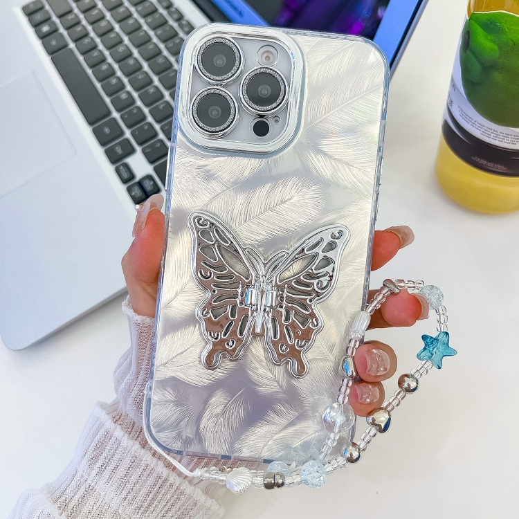 

For iPhone 14 Pro Max Plating Glitter Lens Film Texture Butterfly Holder Wristband Phone Case(White Feathers)