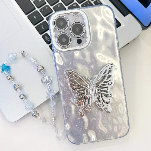 

For iPhone 13 Pro Max Plating Glitter Lens Film Texture Butterfly Holder Wristband Phone Case(White Wrinkles)