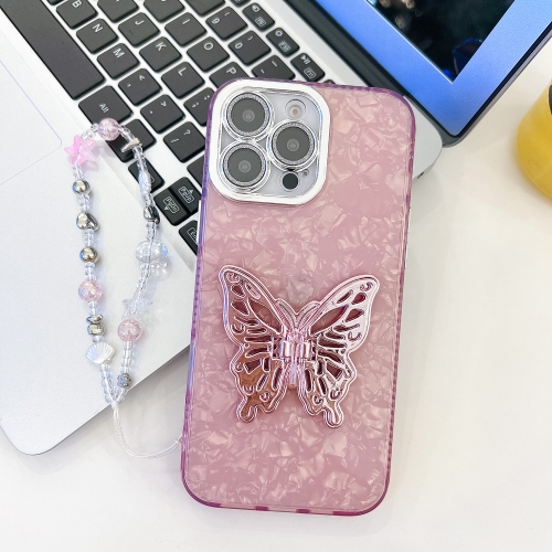 

For iPhone 13 Pro Plating Glitter Lens Film Texture Butterfly Holder Wristband Phone Case(Pink Shell Pattern)