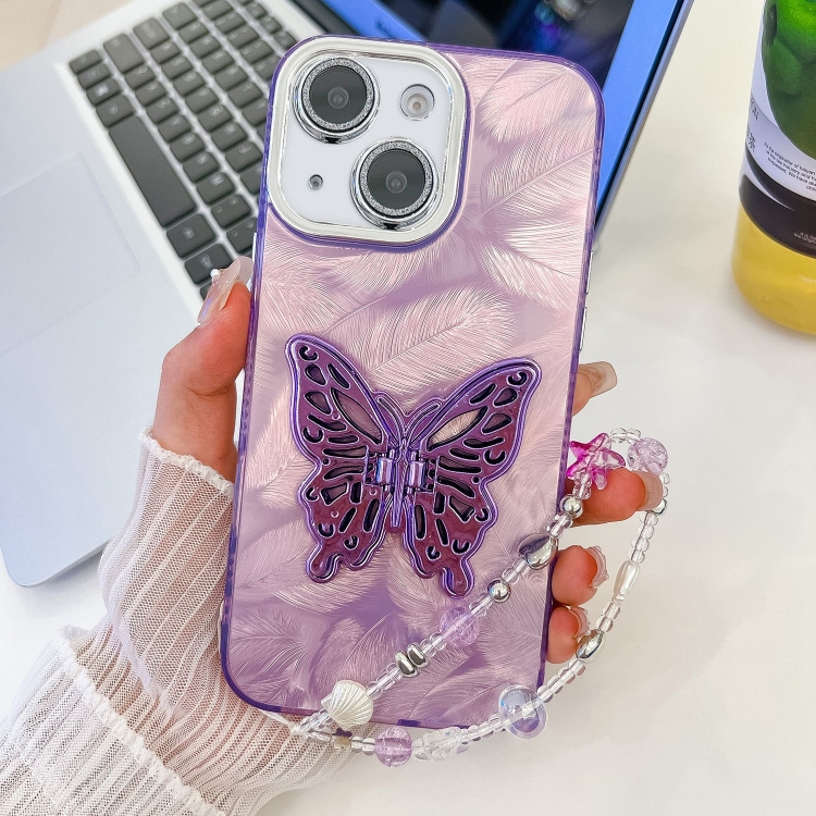 

For iPhone 13 Plating Glitter Lens Film Texture Butterfly Holder Wristband Phone Case(Purple Feathers)