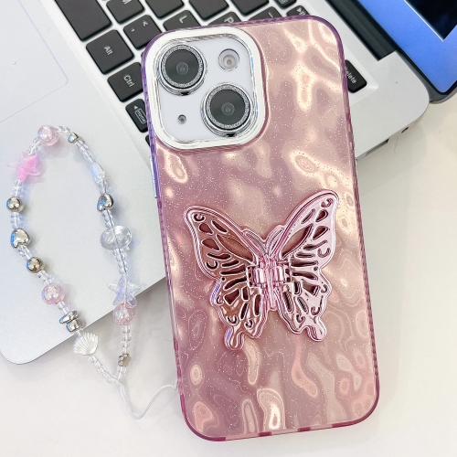 

For iPhone 13 Plating Glitter Lens Film Texture Butterfly Holder Wristband Phone Case(Pink Wrinkles)